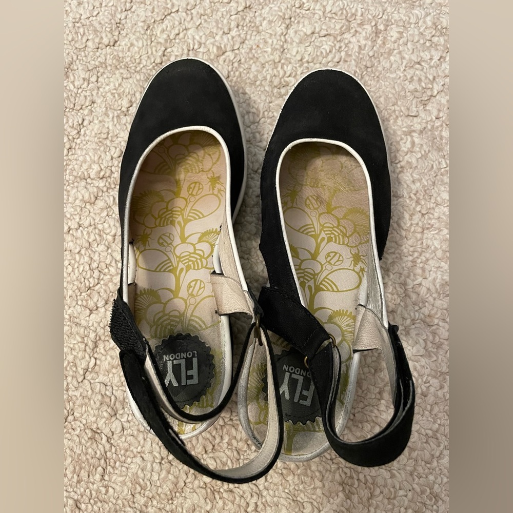 Fly London Black and White Ylux Wedge Sandal